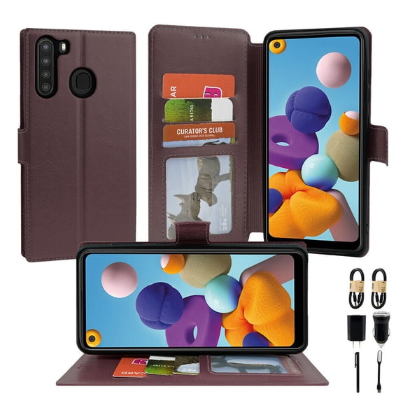 Value Pack for Samsung Galaxy A21 Wallet Phone Case Grip Leather Textured Kickstand Hybrid Pouch Pocket Purse Screen Flip Cover with Tempered Glass