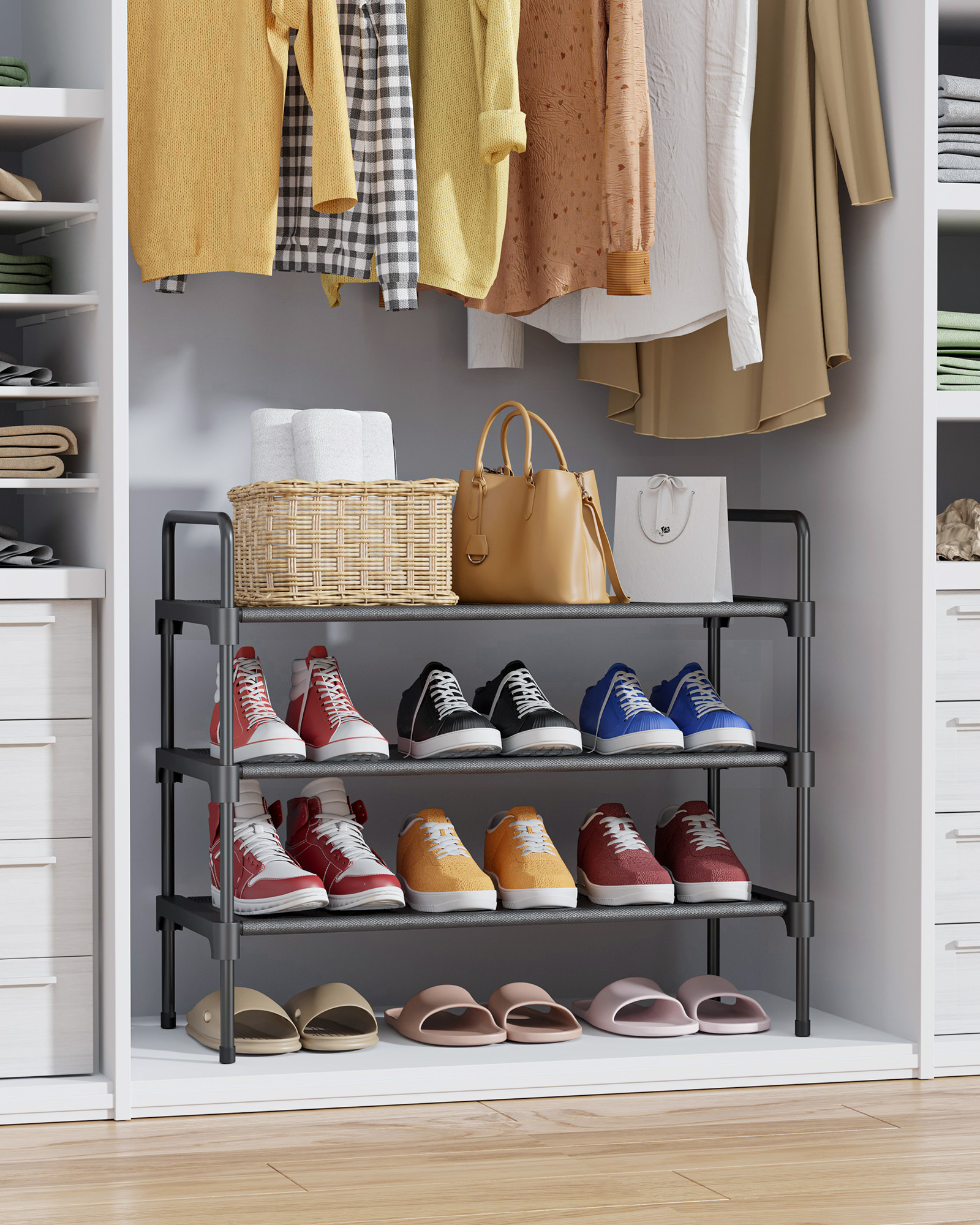 Sakugi 3-Tier Shoe Rack, Black Metal and Fabric photo 6