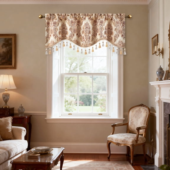 VOGOL Beige Damask Jacquard Valance with Beads and Tassels, 52x18 inch Rod Pocket Window Valance, Elegant Classic Style for Kitchen or Living Room