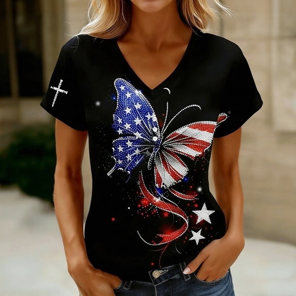 Conairie Womens Patriotic T Shirts Loose Crew Neck Short Sleeve 4th of July Shirt With Butterfly Print Holiday Commemorative Tops Black L