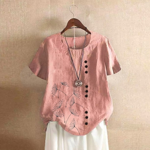 Fiudx Ofertas Flash Artículos En Oferta Blusa Superior de Camiseta de Manga Corta con Cuello Redondo y Botones Informales con Estampado de Moda para Mujer