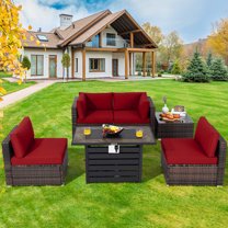 Costway 6PCS Patio Rattan Furniture Set 42'' Fire Pit Table Cover Sofa Cushion Red