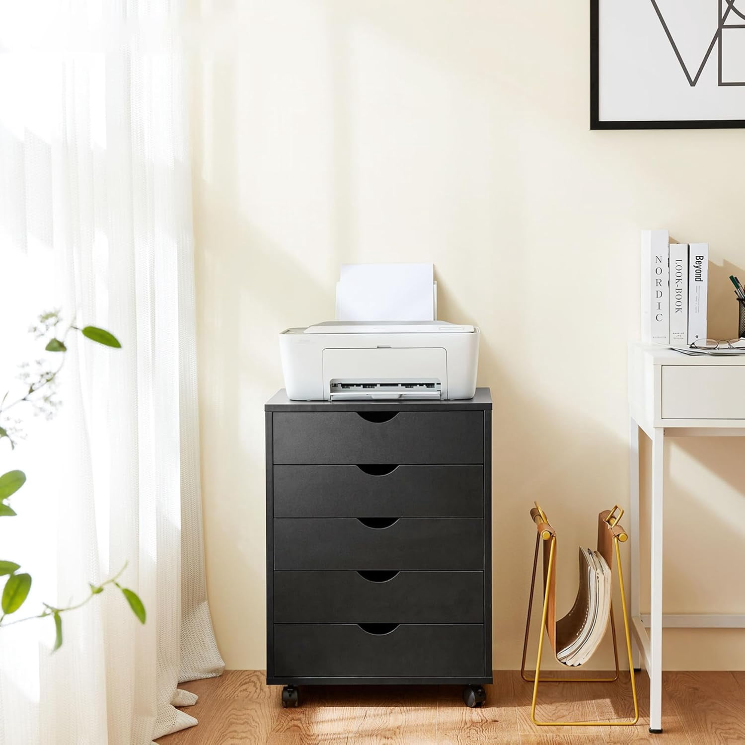 5-Drawer Wood File Cabinet with Wheels, Rolling Storage Organizer for Home Office, 18.74"W x 15.75"D x 25.39"H