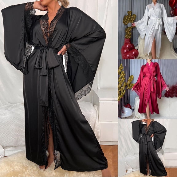 Chroia Women's Satin Kimono Robe - Silk-Like Lightweight Long Robe with Lace Trim, Bride Bridal Bridesmaid Wedding-Night Robe