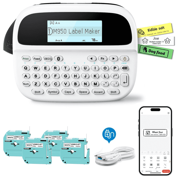 Phomemo M950 Label Maker – Bluetooth Waterproof Label Maker with QWERTY Keyboard, USB-C Rechargeable Handheld Printer, Replace P-HTM950 for School, Home & Office