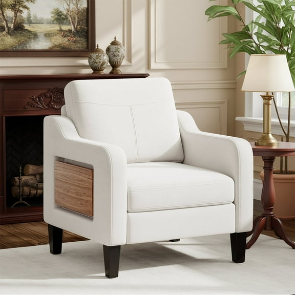 EOP Modern Upholstered Armchair, Linen Fabric Accent Chair with 2 Side Pockets, Living Room Chair with Foldable Table, Comfy Reading Chair for Bedroom, Beige