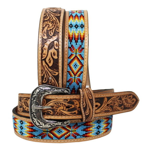 35-36 Unisex 1.5" Western Floral Tooled Beaded Full-Grain Leather Belt 26RT29B