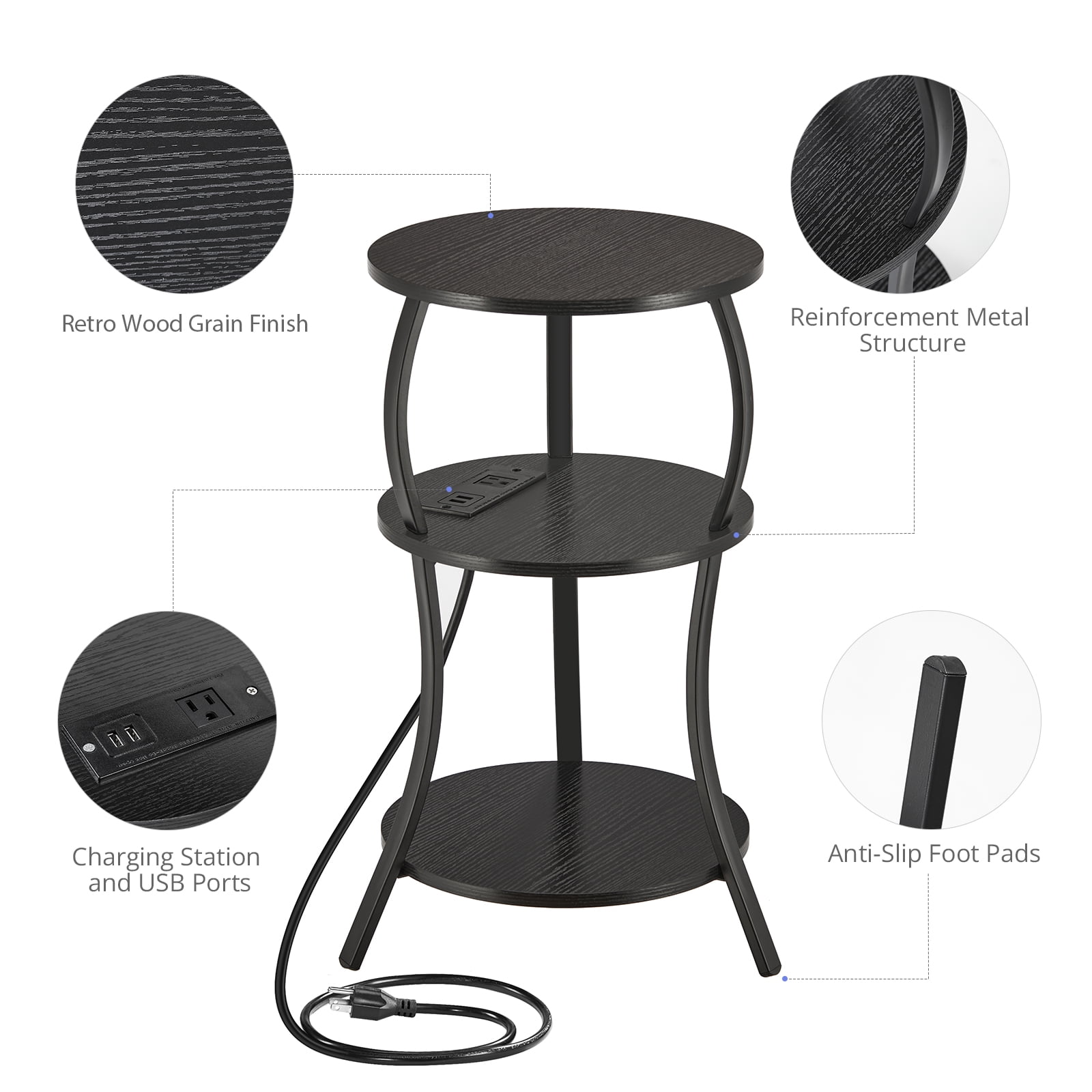 ZEXVIDA Small Round Side Table with Charging Station, 3-Tier Waist Circular End Table with Storage Shelf,  Sofa Side Table Small Spaces, Round Corner Coffee Table for Living Room Bedroon,Black
