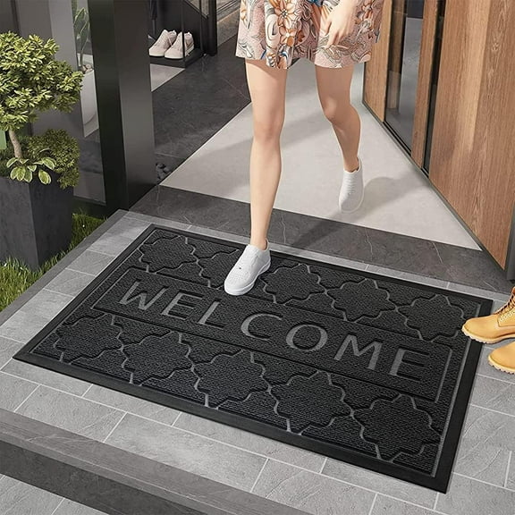 Welcome Mat Indoor Outdoor, Door Mat Outdoor Entrance, Heavy Duty Non Slip Waterproof Rubber Outside Door Mats, Welcome Mats Outdoor All Weather for Entryway, Patio, BlackGrey Mats 16x24 Inch