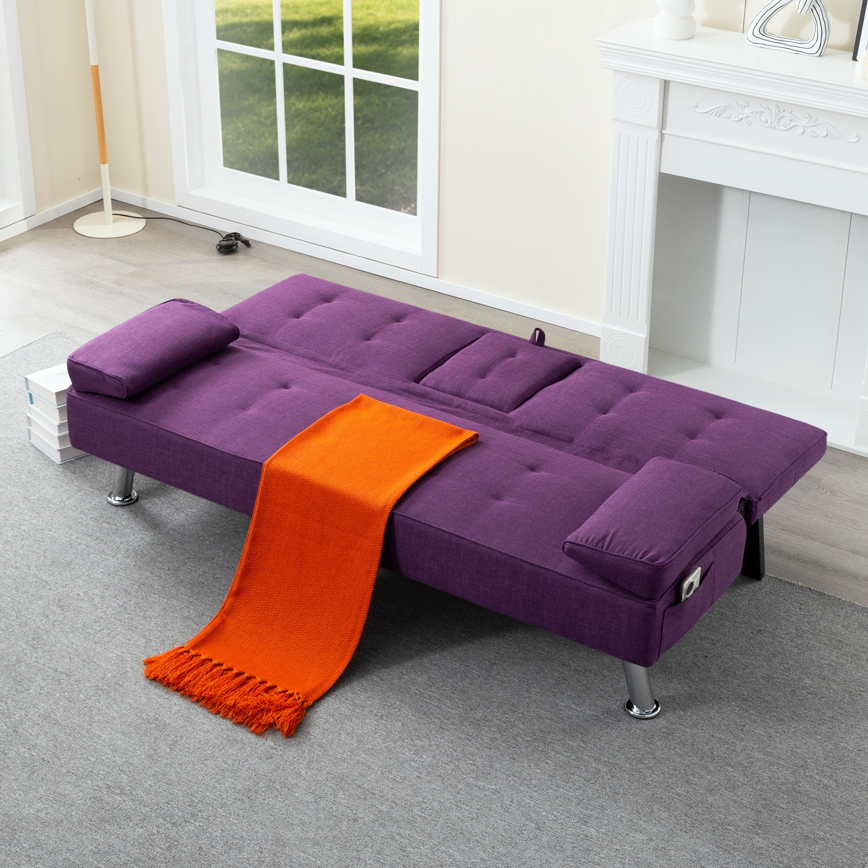 Gewnee 65.35" 3‑in‑1 Convertible Futon Sleeper Sofa,Sofa Bed with Cup Holders & Storage Bag ,Polyester Foldable Sleeper Couch with Adjustable Backrest for Small Apartments & Office，Purple