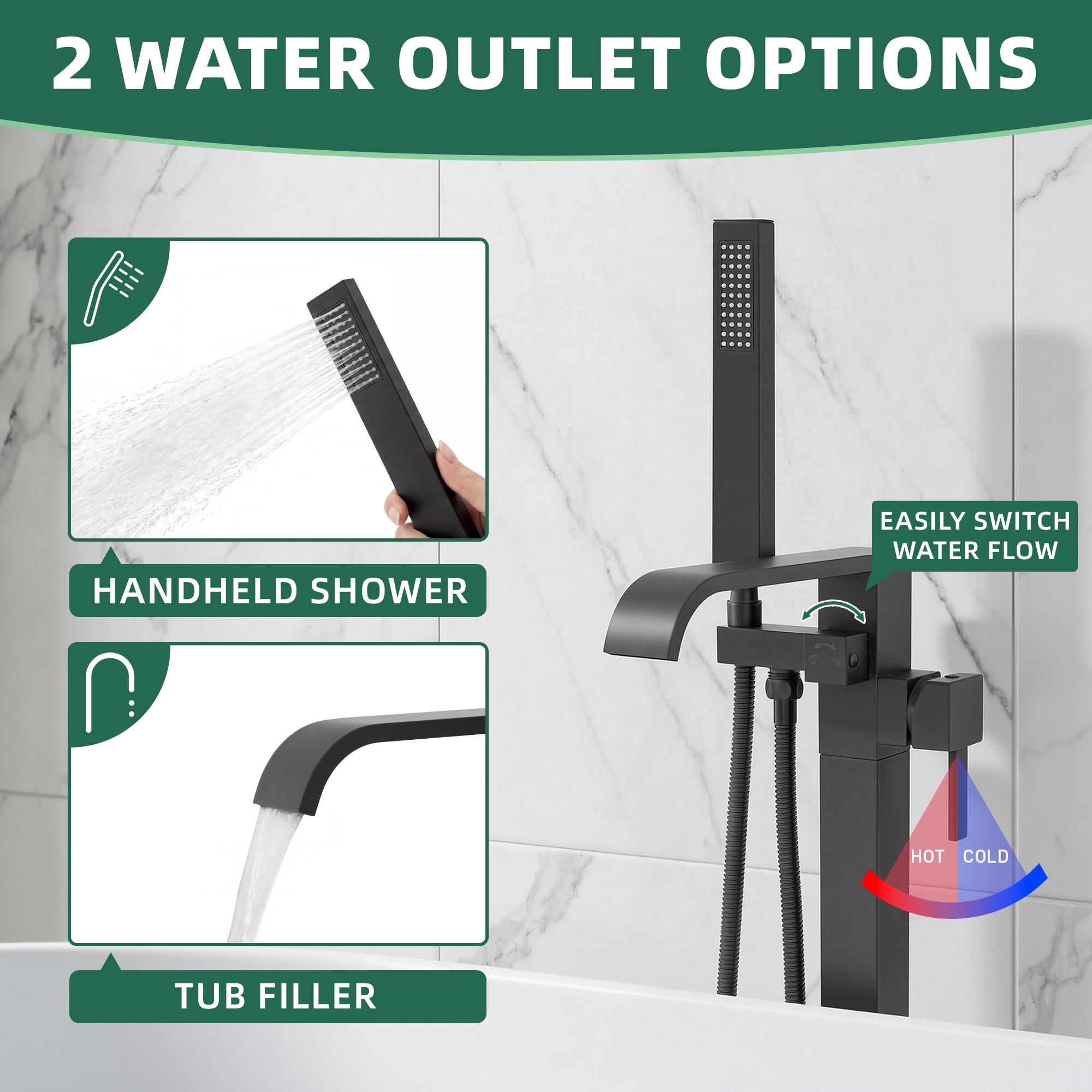 Free Standing Tub Faucet, High Flow Freestanding Bathtub Faucet with Waterfall Spout & Handheld Shower, 360°Swivel Tub Filler, Brass Body, Matte Black