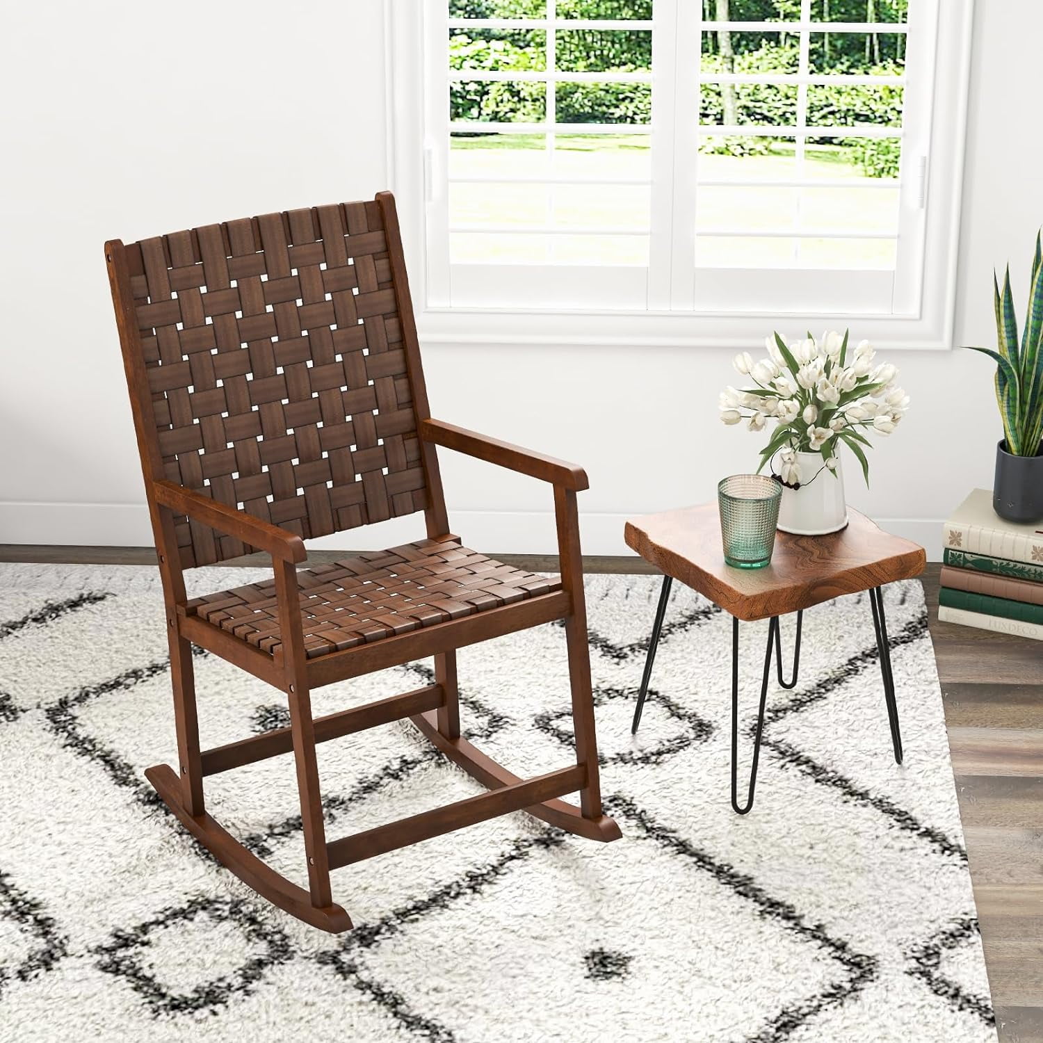 2PCS Wood Rocking Chair with PU Seat, Rubber Wood Frame, Indoor/Outdoor, Brown