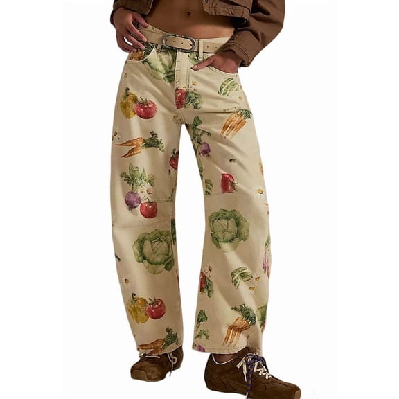 sicmoss Women's Beige Cotton Vegetable Floral Print Mid Rise Barrel Jeans Baggy Wide Leg Ankle Y2k with Pockets