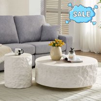 Tcbosik 2-Piece Imitation Stone Living Room Tables, 15.75" Small Side Table, 35.4" Round Coffee Table, Simple Cocktail Table, No Assembly Required, Beige