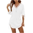 thumbnail image 2 of Women's Fashion Lace Trim V-Neck Loose Beach Cover-Up Dress, 3/4 Sleeve Tunic with Adjustable Side Drawstring, Lightweight Swimwear Cover for Pool, Beach and Casual Wear White M, 2 of 6