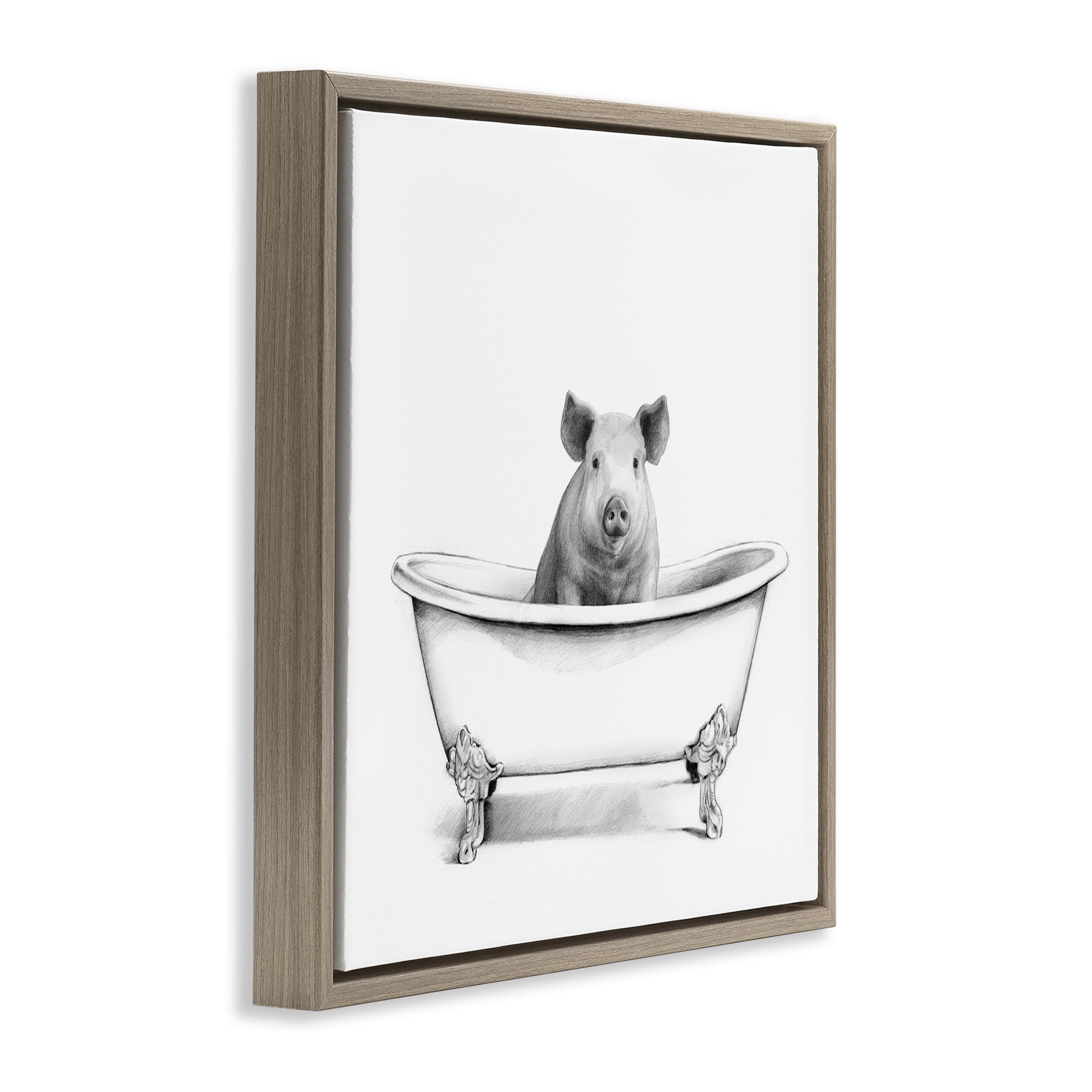 Stupell Industries Hog in Bathtub Sketch Animals & Insects Drawing Brown Floater Framed Canvas Art Print Wall Art, 25 x 25