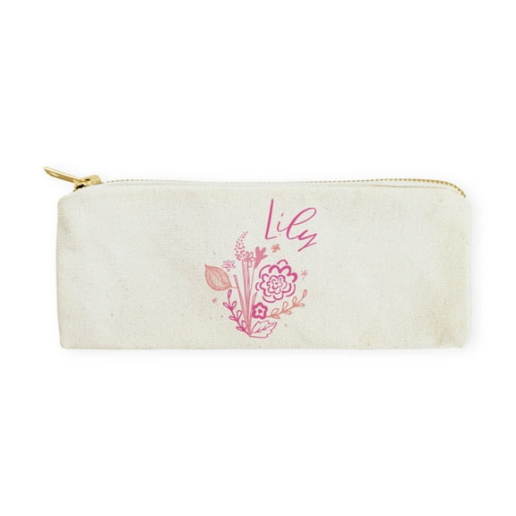Personalized Name Pink Floral Cotton Canvas Pencil Case and Travel Pouch