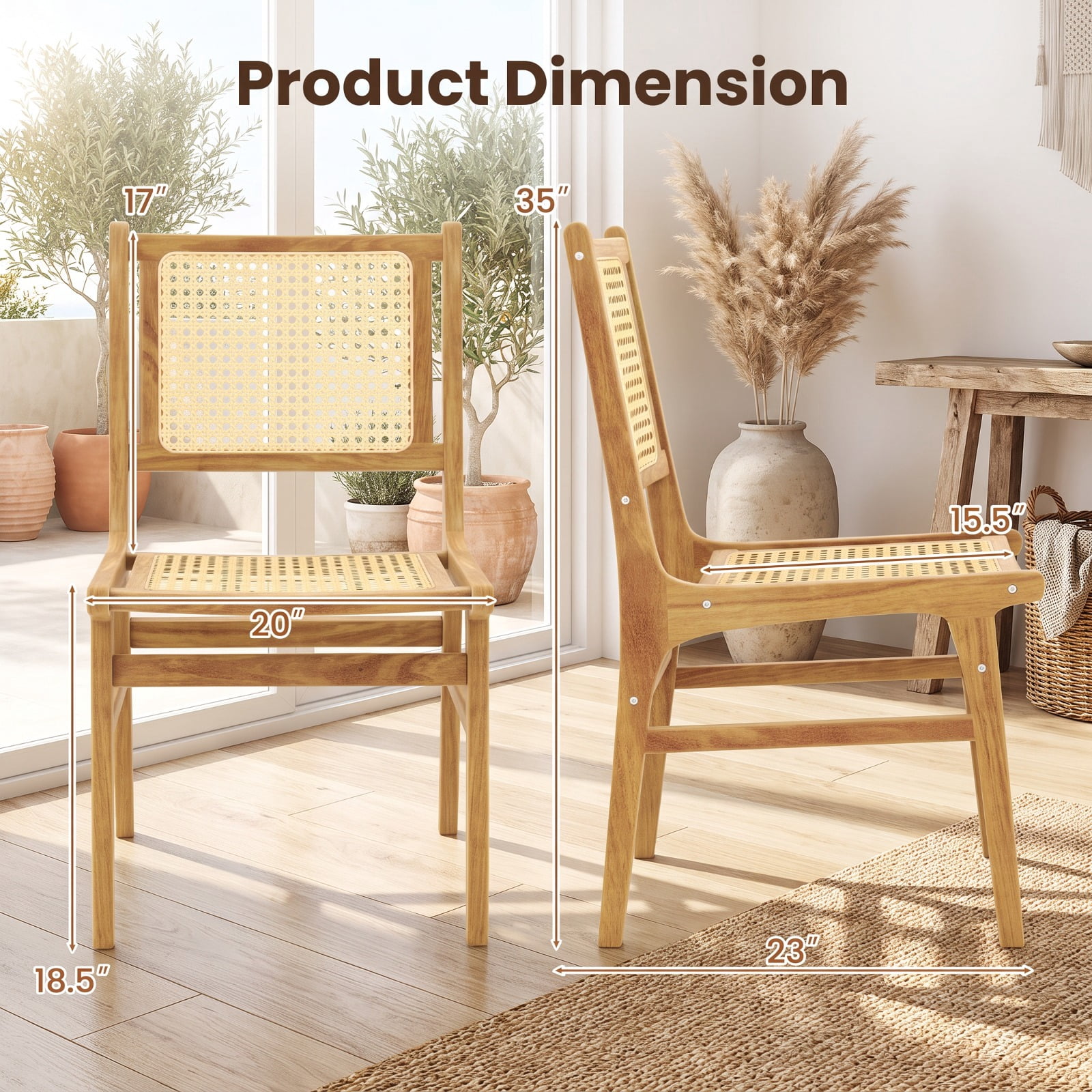 Furnibear Rattan Dining Chair with Natural Cane Woven Backrest and Teak Wood Frame