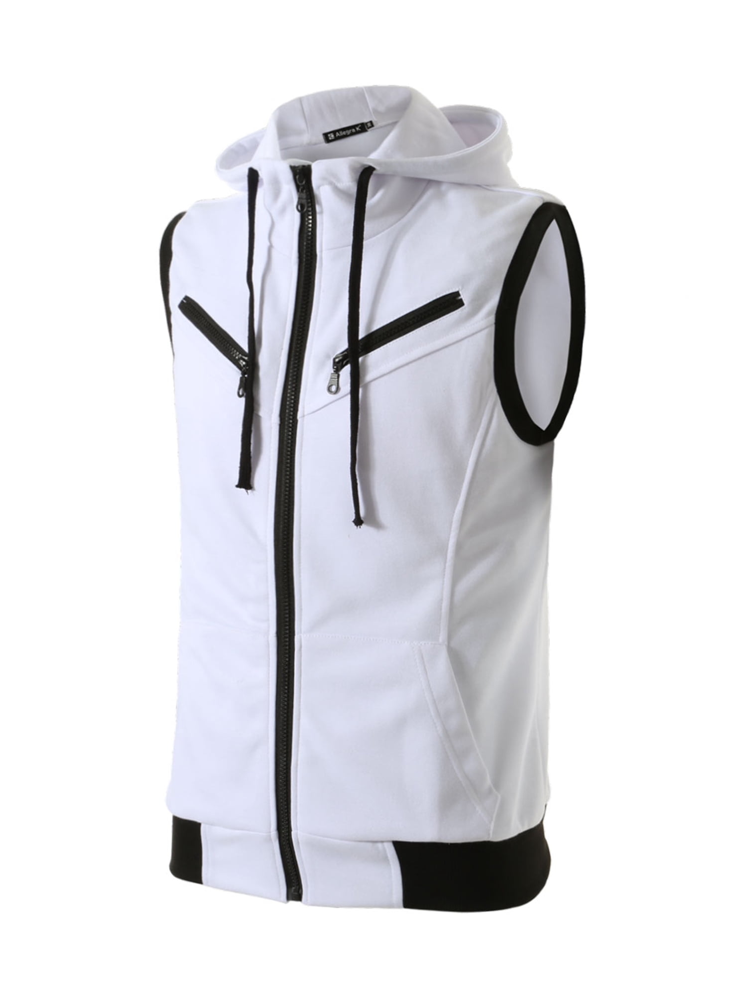 Unique Bargains Men's Sleeveless Zip Up Drawstring Hooded Vest 50 White