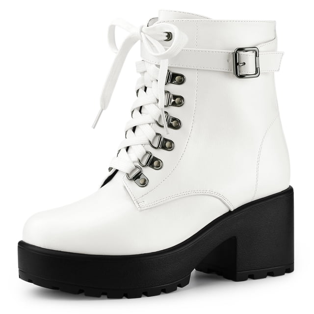 Botines De Combate Con Plataforma Tacón Grueso Cremallera Para Mujer Blanco 37