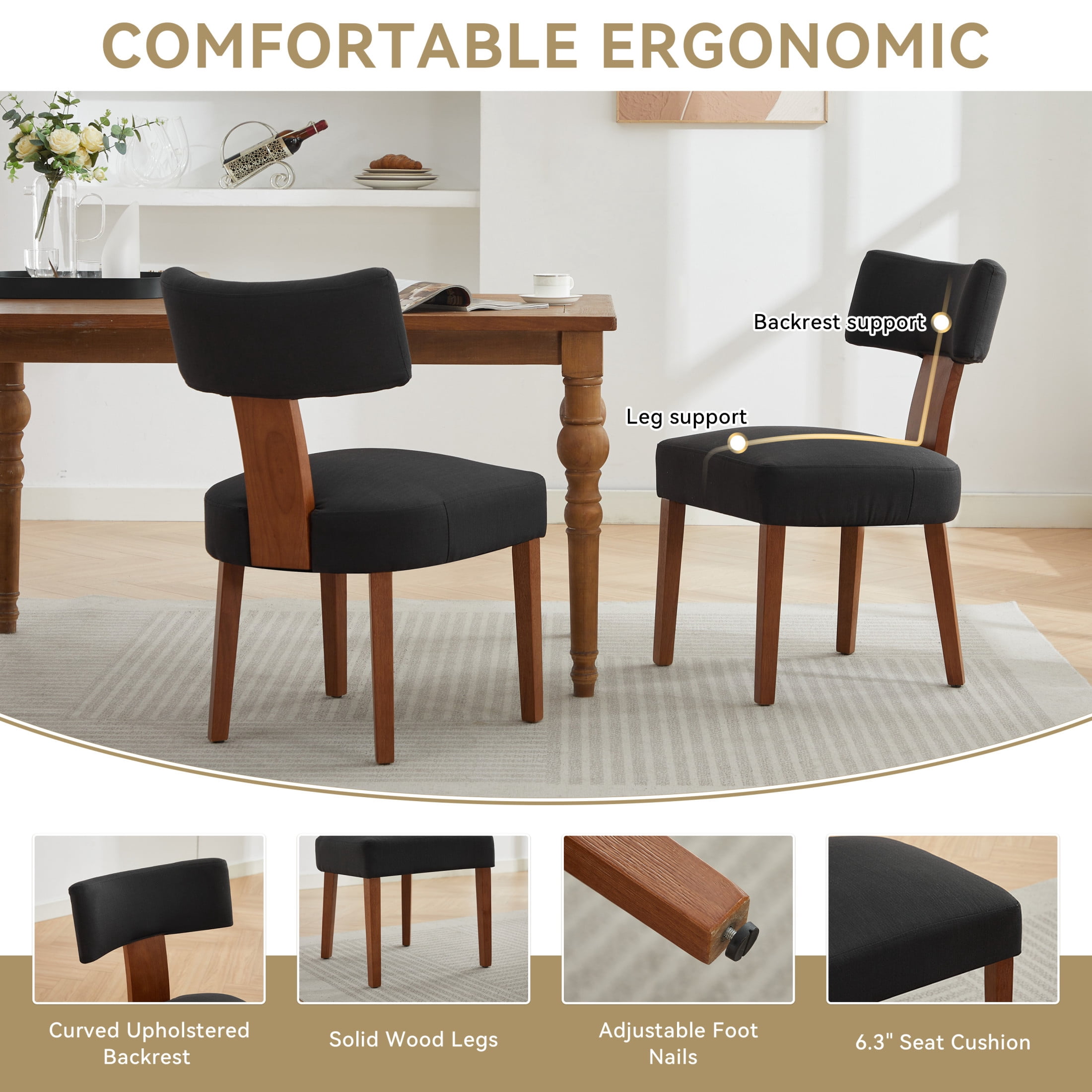 Noble House Veltria Modern Linen Upholstered Dining Chairs with Curved Back, Rubber Wood Legs, Black, Set of 2