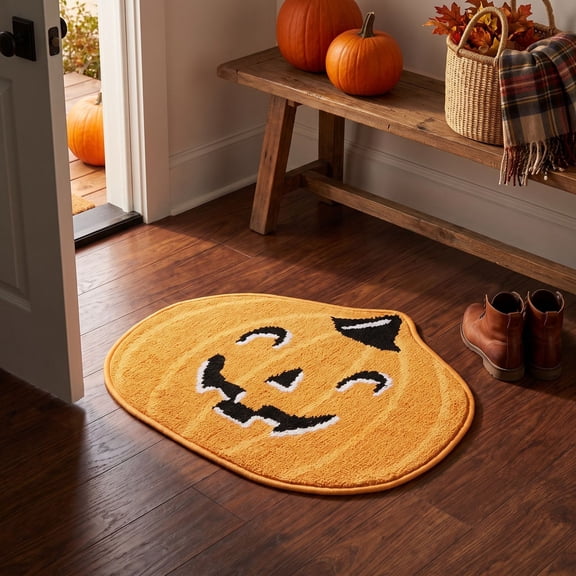 Halloween Doormat, Pumpkin Floor Mat, Jack-o-Lantern Rug, Classic Face Design and Festive Visual Effect for Entryways, Bathrooms and Indoor Spots.