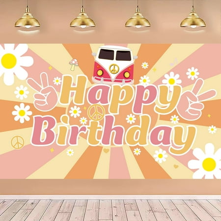Image of LOONELO Groovy Happy Birthday Backdrop Banner with 71X44 inch Retro Hippie Boho Girl Birthday Party Decorations Daisy Flower Photography Background Groovy Party Supplies for Birthday Baby Shower