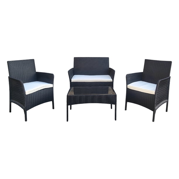 Ilios Innova | Sala de Jardín para Exterior 4 Piezas, Set de Muebles para Terraza y Patio con Textura tipo Ratán, Incluye Mesa de Centro con Cristal Templado y Cojines
