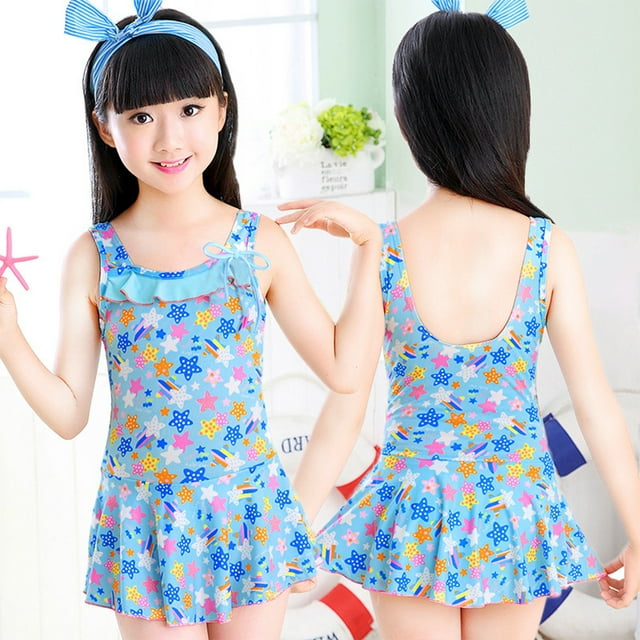 Maillot de Bain Style Robe Princesse pour Filles Impression Mignonne pour Source Chaude Natation Bleu 3TG