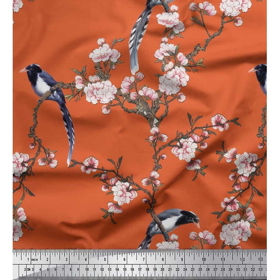 Soimoi Orange Cotton Jersey Fabric Floral & Paradise Whydah Bird Print Sewing Fabric Yard 64 Inch Wide
