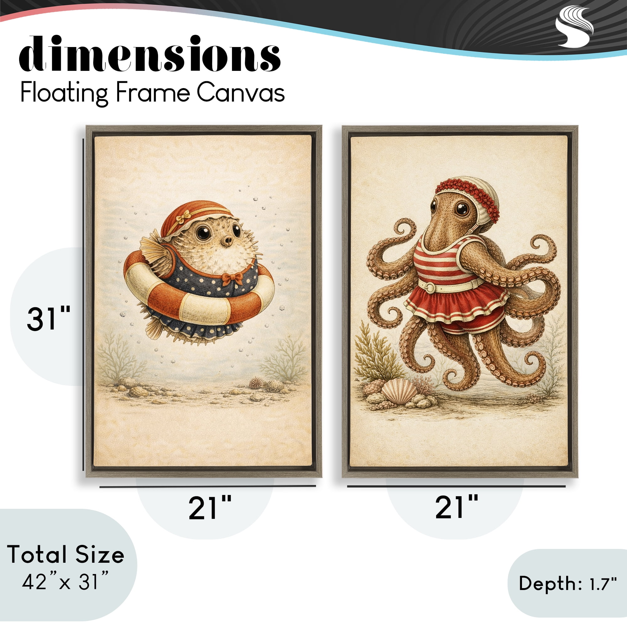 Stupell Industries Vintage Maritime Bathing Creatures 2 Piece Brown Framed Floater Canvas Set, design by Grotto Studios