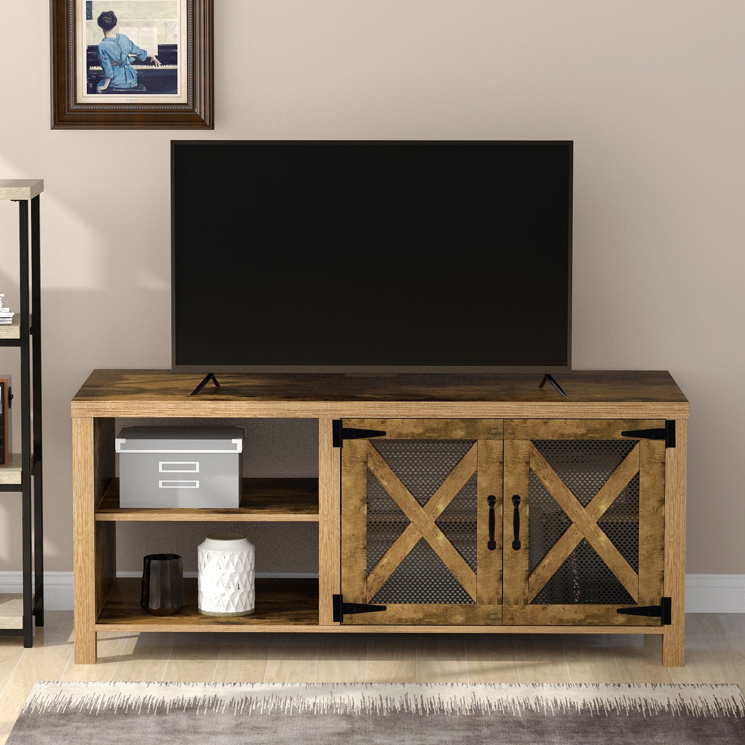 Clearance TV Stand Ustyle TV Stand with Barn Door, 2 Open Compartments, Cable Management, TV