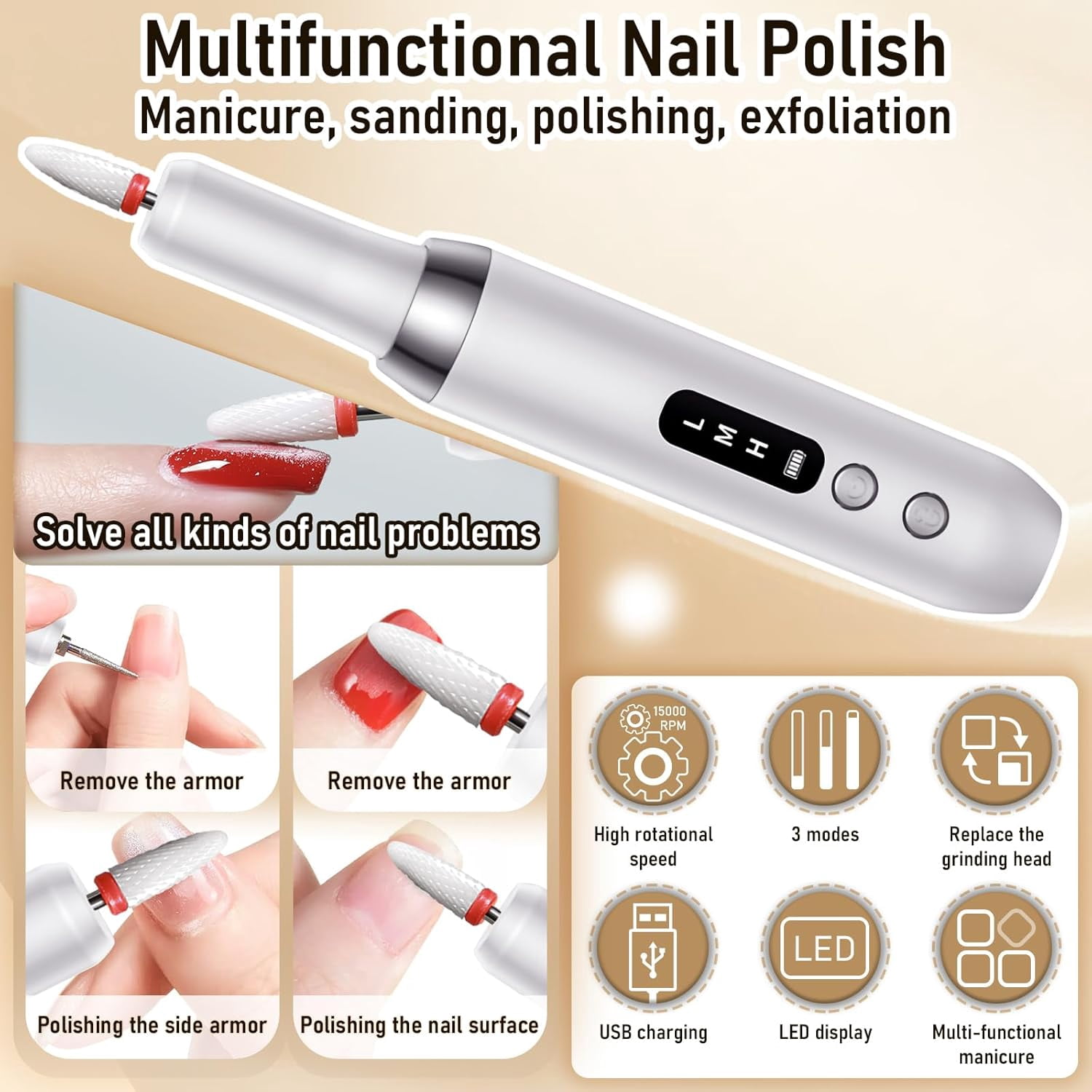 Aorsher Rechargeable Cordless Electric Nail Drill Kit, Professional Electric Nail File for Acrylic Gel Dip Powder Nails, 3 Speeds 15000RPM, Portable Manicure Pedicure Tool