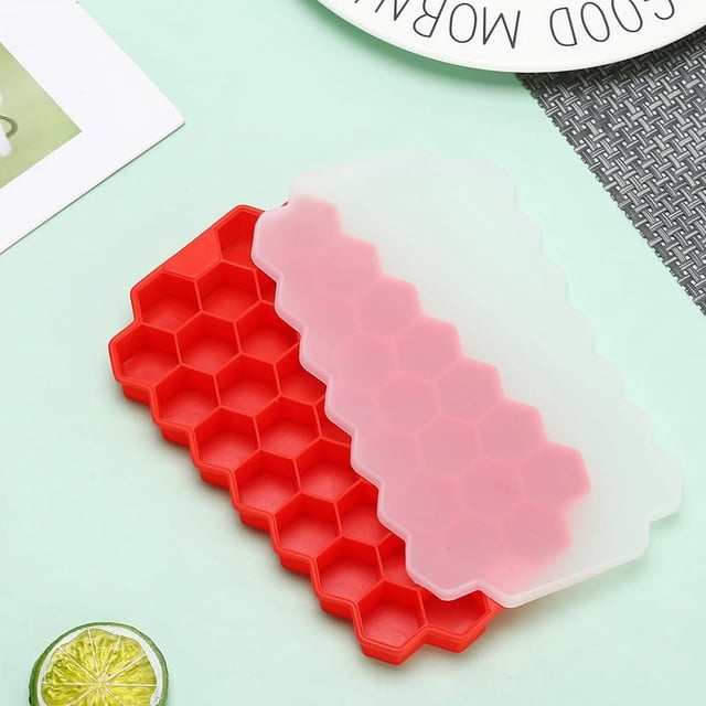 Molde de silicona pura con tapa de cubitos de hielo en forma de panal de silicona, molde de hielo en forma de panal de 37 rejillas, caja de cubitos de hielo de silicona