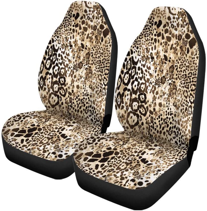 ZHANZZK Set of 2 Car Seat Covers Brown Pattern Leopard and Flowers