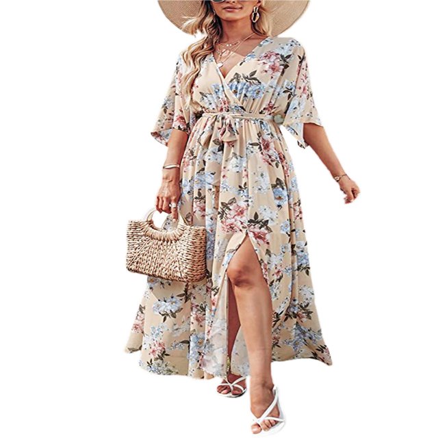 Robe Maxi Ample à Imprimé Floral pour Femmes, Manches 4/3, Col en V, Robe d'Été Esthétique Décontractée Boho pour la Plage