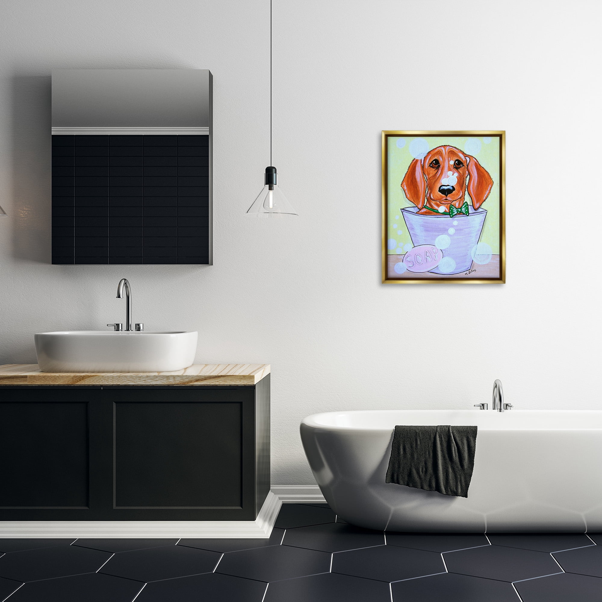 Stupell Industries Puppy with Soap Bubbles Animals & Insects Painting Gold Floater Framed Canvas Art Print Wall Art, 25 x 31