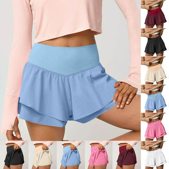 QATAINLAV Womens High Waisted Athletic Shorts Casual Ruffle Tiered Running Workout Tennis Shorts Elastic Waist Yoga Shorts with Build in Shorts Light Blue M