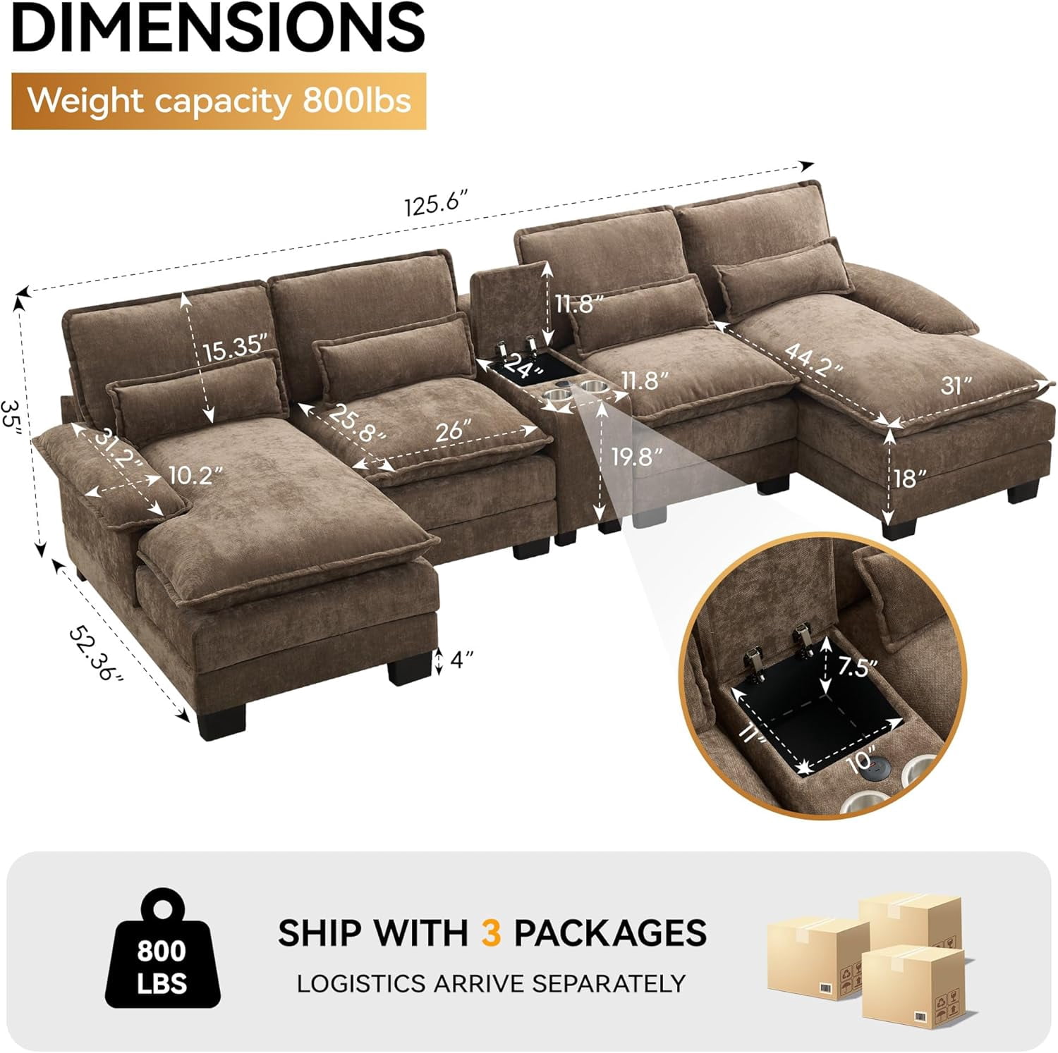 HASLE U Shaped Modular Sectional Sofa with Chaise Lounges, Chenille Upholstered Comfy Couch with Storage Console, USB Charging Ports & Cup Holders, Modern Deep Seat Sofa for Living Room, Brown