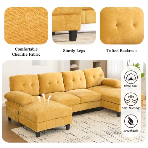 MOONMISS U-shaped Sectional Sofa 103.5" Chenille Fabric Couch with Dual Chaise Lounges, Storage Pockets and Armrest Pillows for Living Room,Yellow