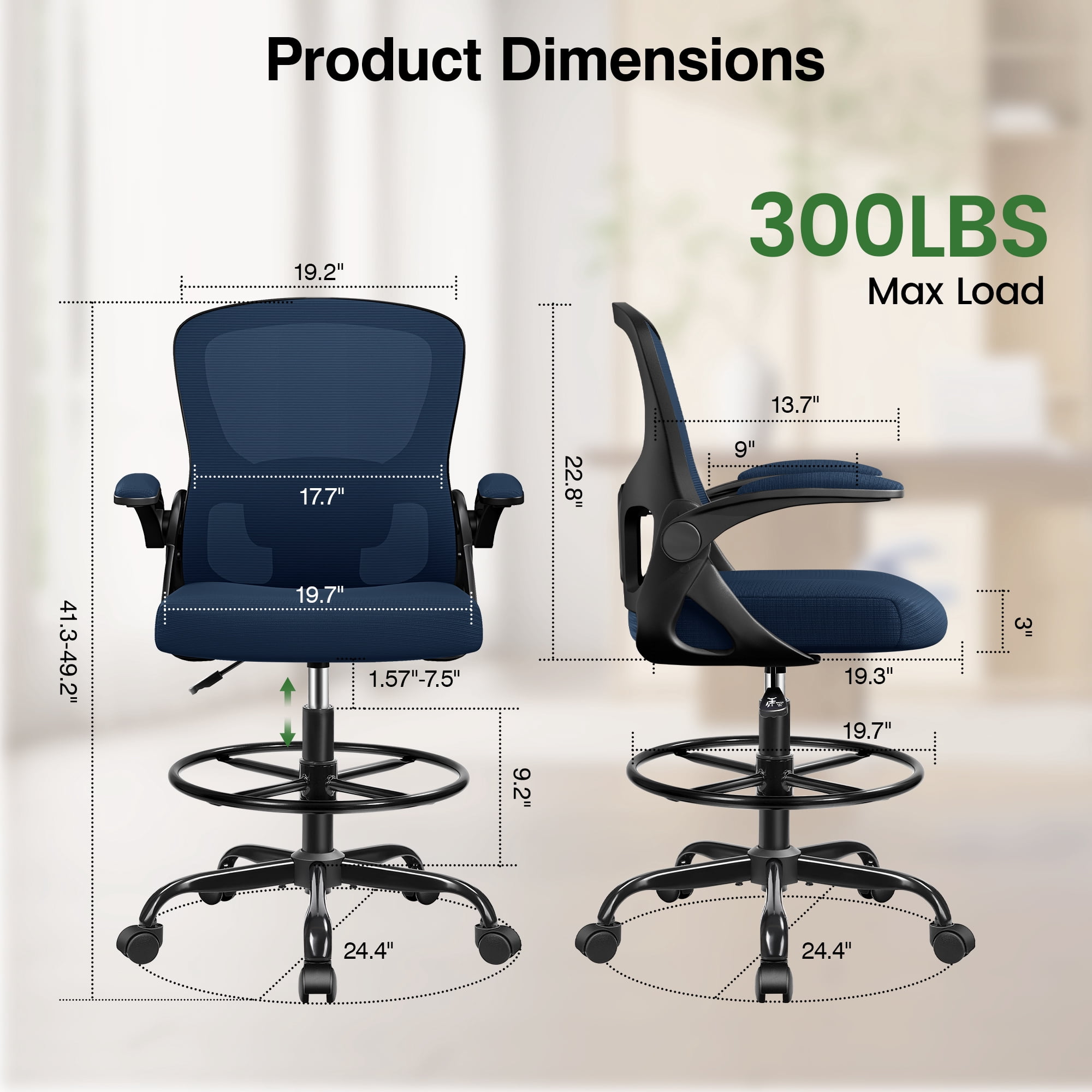 ATHOPE Office Chair Ergonomic Desk Chairs, Mesh Computer Chair with Flip-up Armrests, Adjustable Home Office Desk Chair with Lumbar Support Footrest Ring for Standing Desk, Navy Blue