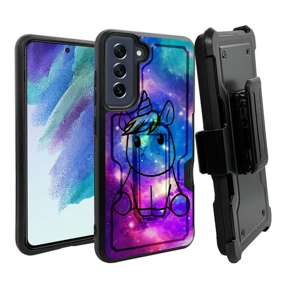ANJ  Rugged Dual Layer Shockproof Holster Case w/Card Slot   Tempered Glass Cover for Samsung Galaxy S21 FE 5G - Galaxy Unicorn