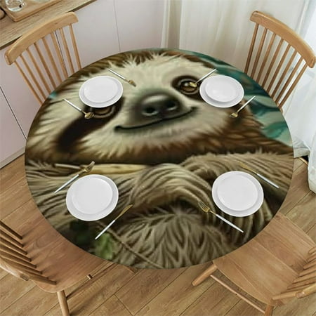 QKZF Adorable Sloth Print Table Cloth Round Tablecloth Waterproof Stain Resistant Table Cover Wrinkle Free Tablecloths for Kitchen Dining Tabletop Decoration 42-46