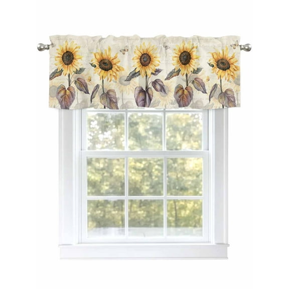 Kitchen Valances for Window, Idyllic Sunflower on Vintage Letter Light Filtering Rod Pocket Valance Curtain, Farmhouse Plant Short Curtains Window Topper for Bedroom Bathroom Living Room 54x18in