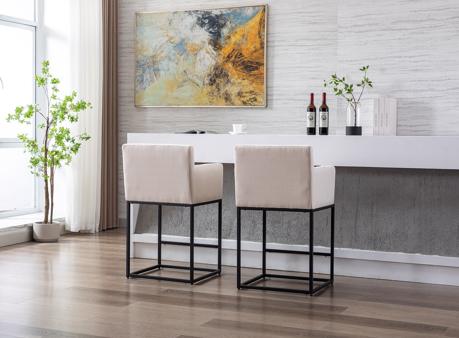 Guyou 26.75" Modern Bar Stools Set of 2, Linen Upholstered Counter Height Bar Stool with Back and Arms, Kitchen Island Stool with Black Metal Frame for Home Bar Restaurant, Cream