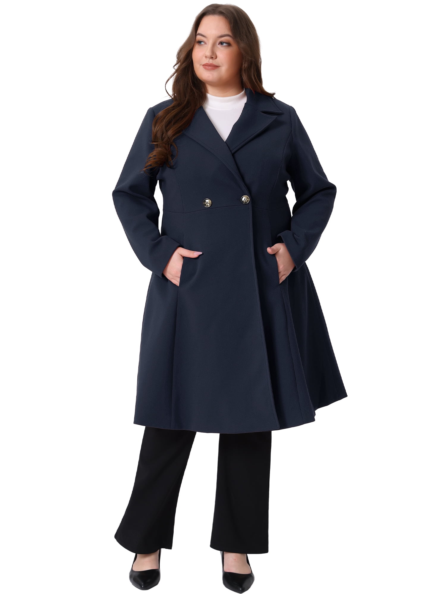 DARING DIVA Women's Plus Size Notch Lapel Double Breasted A Line Coat 2X Dark Blue