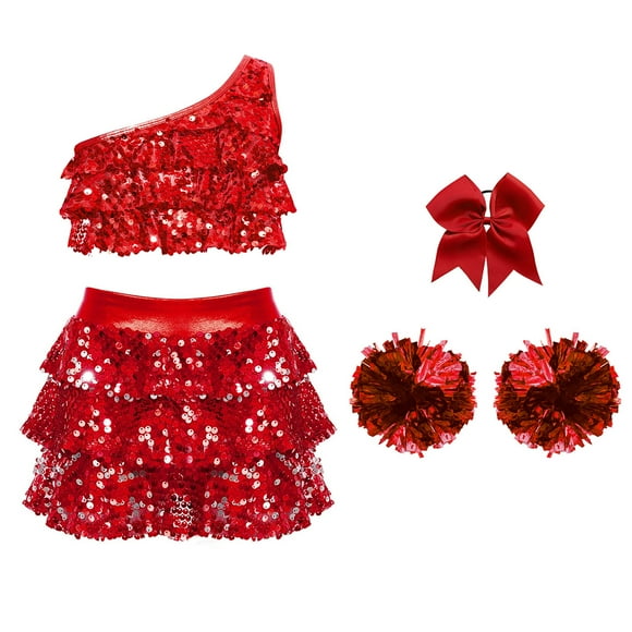 dPois Big Girls Lyrical Ballet Dance Dress Jazz Hip Hop Dance Outfits Crop Tops with Skirt Set 4-16 Red 16