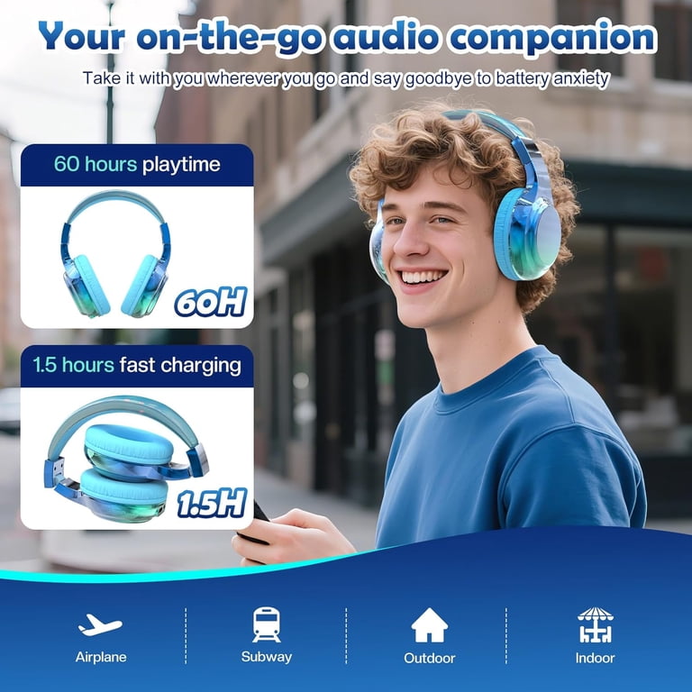 QearFun Kids Bluetooth Headphones, Blue Gradient photo 3