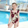 thumbnail image 4 of Girls Ruffled One Piece Swimsuit Summer Beach Vacation Swimwear Tank Swimsuit White and Crimson Roses Pattern, 4 of 8
