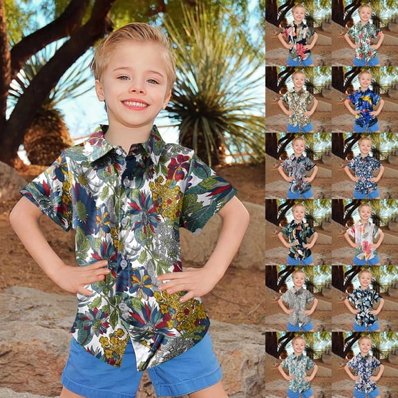 RTKFRFLM Matching Father and Son Hawaiian Beach Shirt Tropical Floral Print Short Sleeve Vacation Top for Kids Fashionable Summer Holiday Button Down Blouse Soft Resort Wear Sizes 4-14Y